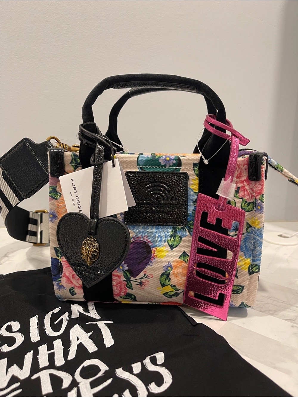 Kurt Geiger Floral Mini Tote with Pink LOVE Tag and Black Heart Charm NWT